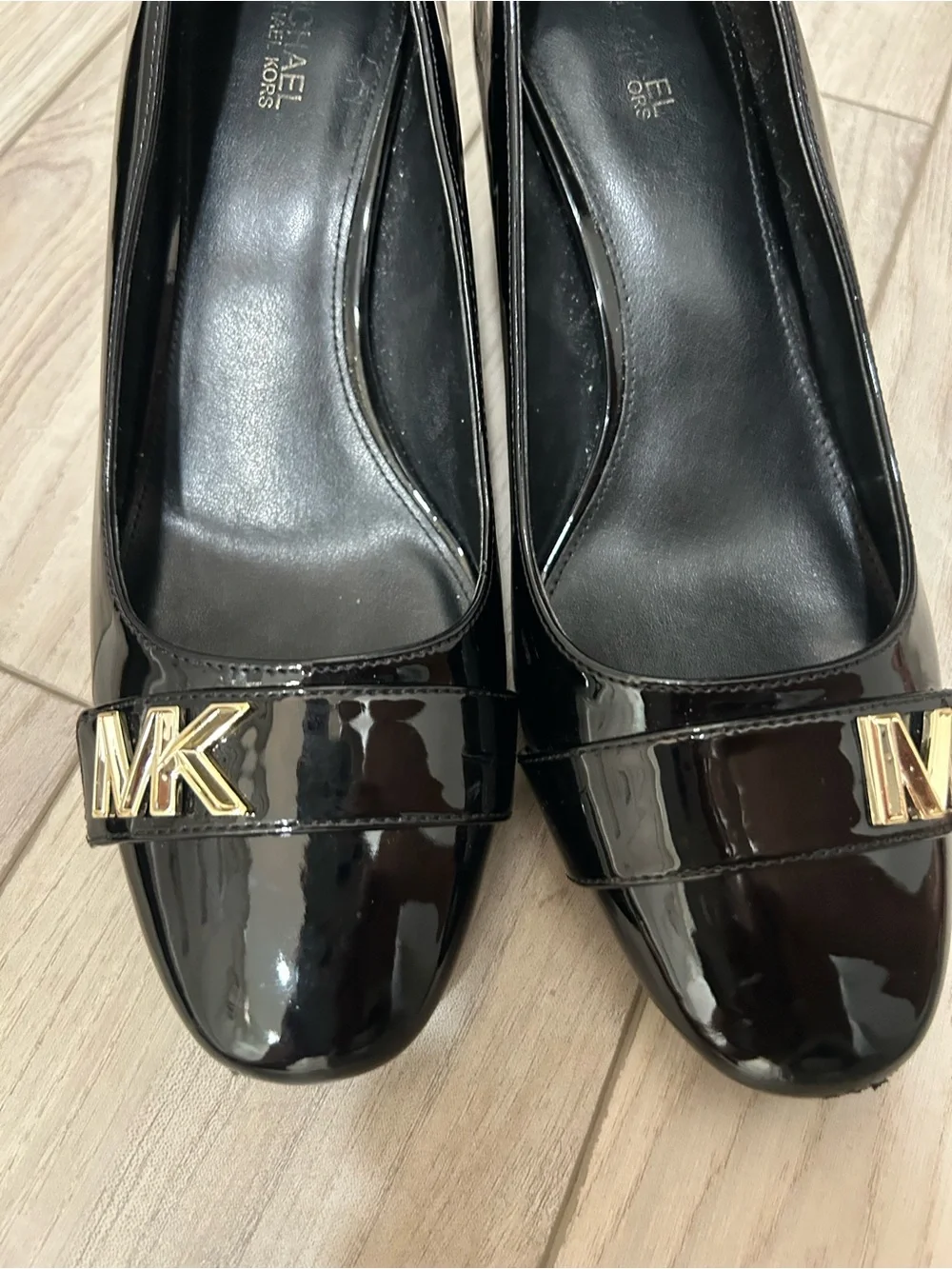 Michael Kors Black Patent Leather Heeled Loafers with Gold MK Accent